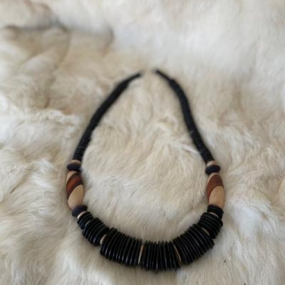 Vintage Chunky Wood & Round Disc Necklace. Boho. Y2K